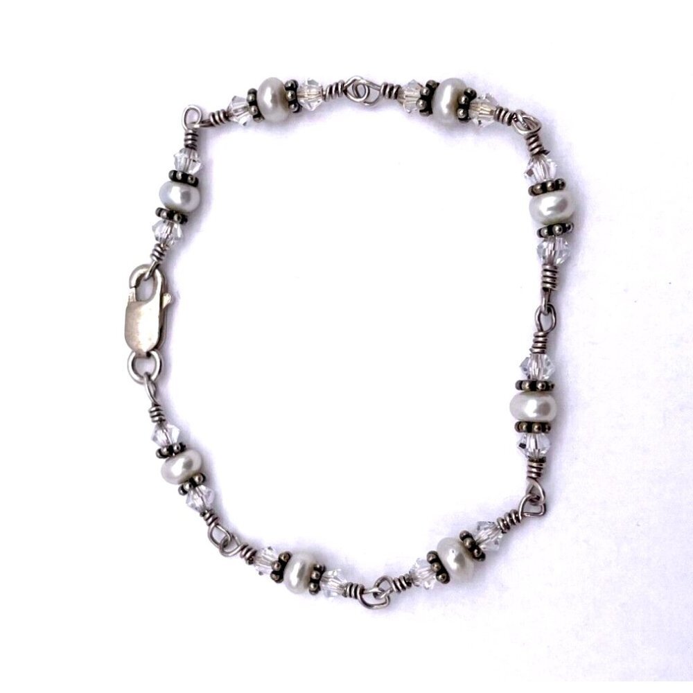 Toddlers 925 Sterling Silver Real Pearl Beaded Crystal Chain Bracelet 5.5 "